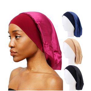 Nouvellement large bande élastique Bonnet en Satin pour cheveux longs nuit sommeil chapeau tête enveloppement à bords doux couvre-chef solide soins des cheveux bonnet chimio