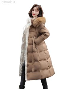 Winter Coat Women Loose Long Fur Hooded Parkas 2022 New Fashion Black Khaki Belt Slim Thick Warmth Down Cotton Coats Feminina L220730