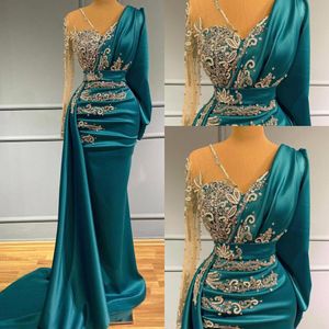 Modest Long Sleeves Satin Mermaid Evening Dresses 2022 Hunter Sheer V Neck Ruched Formal Occasion Wear Gold Appliques Beads Arabic Robe de soriee BC10417