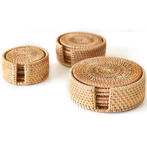 6 Pcs Woven Rattan Coasters Placemats Set Handmade Insulation Round Holder with Storage Table Padding Cup Mats for Home Decor