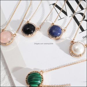 Pendant Necklaces Exquisite Natural Stone Lapis Lazi Malachite Pink Rose Quartz Chakra Healing Rhinestone Gold C Carshop2006 Dhjti