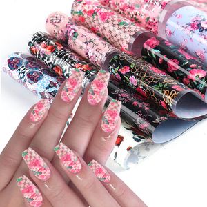 10 stücke Rose Blume Muster Transferfolie Nail art Valentines Blumenblätter Sternenhülle Nagelfolie Aufkleber Aufkleber Klebstoff Wraps Ji3108