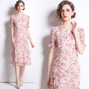 Summer Womens V-neck Short Sleeve Floral Dress Tea Break Platycodon Fishtail Skirt Drawstring Wrap Hip Split