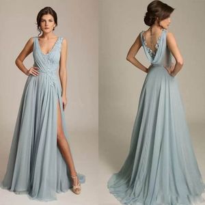 Anpassad ny plusstorlek Enkel applikationer Chiffon Prom Party Glänningar Sexig delad v Neck Elegant Pageant Formal Prom Dresses