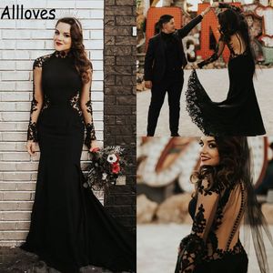 Viktorianisches schwarzes gotisches Meerjungfrau-Hochzeitskleid mit langen Ärmeln, hohem Kragen, Spitze, appliziert, Vintage-Brautkleid, sexy Illusion, Knöpfe hinten, Vestidos de Novia, CL0793