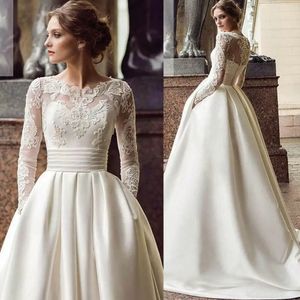 Abiti da sposa con abito da ballo a vita alta Applique maniche lunghe in raso Vestibilità slim Fascia alta semplice ed elegante in tulle Lunghezza pavimento Principessa Taglie forti Realizzato su misura