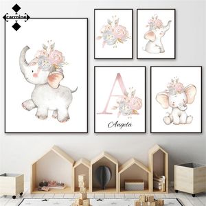 Pink Floral Custom Name Canvas Målning Nursery Cartoon Animals Wall Picture Cute Elephant Affischer and Prints Home Nordic Decor 220623