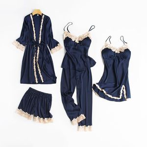 Women's Sleepwear 5PCS Pajamas Set Navy Blue Women Rayon Robe Gown Nightwear Lace Home Clothing Softy Strap Lntimate Lingerie Sleep Suit