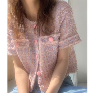 女性のジャケット韓国ファッション夏ルーズポケットクルー半袖ピンクツイードジャケット気質シングルブレスト甘いフリンジカーディガンWom
