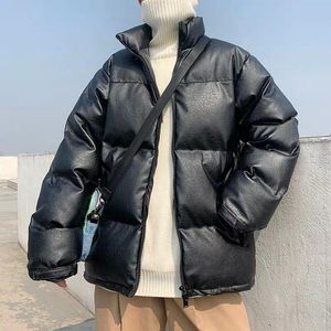 Męskie pada parkas bawełniany kurtka mężczyźni zimowi ciepło zagęszczenie retro czarne skórzane kurtki koreańskie luźne student Hip Hop Streetwear Man Clo