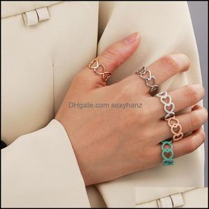 Bandringe Schmuck Einfache Hollowout Herzkette Emaille Ring Frauen Mädchen Ästhetische Charms Koreanische Liebe Schleife Edelstahl Stteel Gold Trend Drop D