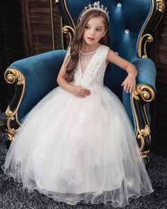 Vestido de noiva de garotas longa e de menina longa de estilo da criança para crianças para crianças bordadas em V para meninas de 10 anos de idade Y220510