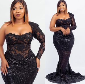 2022 Plus Size Arabski ASO EBI Black Mermaid Sexy Prom Dresses Koronki Cekinowe Koronki Wieczór Formalna Party Druga Recepcja Urodziny Zaangażowanie Druhna Suknia