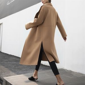 Kobiety Nordic Nordic Caszmire Kaszmirowe podwójnie twarz wełna kaszmirowa sylwetka Silhouette Side Long Coat LJ201109