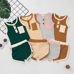 Giyim Setleri Bebek Bebek Yaz Kıyafetleri Toddler Kız Boy Pamuk Cep Patchwork Kolsuz Tank Üstleri Elastik Bel
