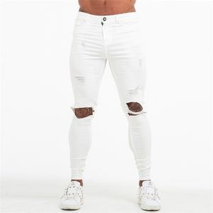 Gingtto mäns magra jeans vita rippade stretch jeans för män elastisk midja orolig jeans byxor atletisk kroppsbyggnad zm60 t200614