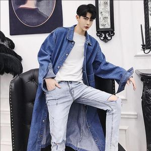 Men's Trench Coats Men Denim Jacket Trendy Coat Autumn Over The Knee Long Section Cowboy Windbreaker Male Loose Thin Youth Handsome Outerwear 220826