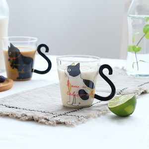 Muggar Creative Cat Glass Coffee Mug Cute Milk Tea Juice Water Cup med handtag Hem Kök Kontors Drinkware Tumbler Gift 250mmuggar