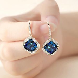 Baumelnde Kronleuchter-blaue, super funkelnde Kristall-Ohrringe für Damen, Persönlichkeit, Mode, High-End-geometrische, quadratische Ohrhaken