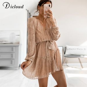 DICLOUD Elegant Floral Print Chiffon Dress Spring 2021 Long Sleeve V Neck Feminine Mini Party Dress With Belt Boho Sexy Dress 210319