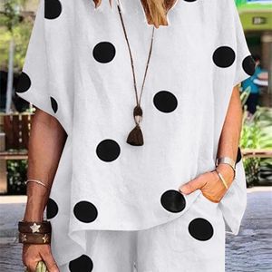 Zanzea yaz kadın eşleşen setler o boyun yarı yarım kollu polka nokta baskılı bluz moda gündelik tatil elastik pantolon izleme 220602
