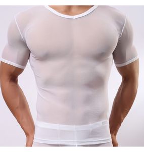 Męska ciasna seksowna siatka przezroczysta T-shirt z krótkim rękawem Mężczyźni oddychający sportowy koszulka z krótkim rękawem