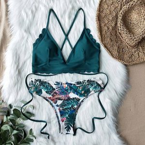 Kvinnors badkläder Scalloped Hem Lace Up Tropical Print High Cut Bikini Two Piece Swimsuit Women One 2 Set