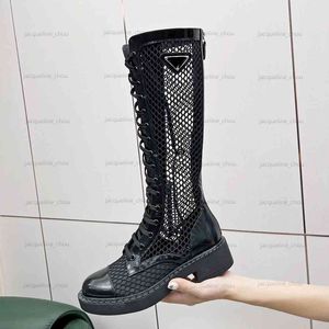 Summer Womens Boots Sandales Designer Fishing Net Real Leather Knee High Boot Woman Platform Motorcykelst￶vlar Back Zipper Black White