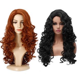 2 renkli kadın uzun siyah turuncu kıvırcık dalgalı saç perukları bayanlar doğa partisi cosplay tam peruk