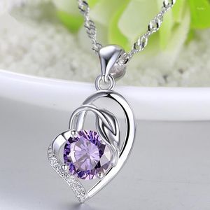 Pendant Necklaces Charming Crystal Purple Heart Necklace Girls Party Accessories Trendy Silver Plated Choker For Women Jewelry
