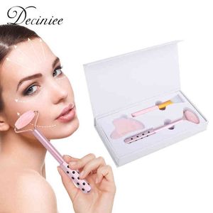 3in1 Nature Rose Quartz Jade Germanium Ball Skin Care Roller for Face Eye Reduce Wrinkles Massager with Gua Sha Borad Mask Brush220429