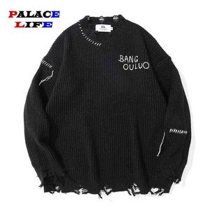 Harajuku Autumn New Oversize Casual Pullovers Men Hip Hop Knitted Jumper Sweaters Destroy Ripped Striped 2022 Streetwear T220730