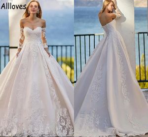 Vestidos de baile vestidos de noiva com mangas compridas renda aplicada com vestidos de noiva plus size cl0955