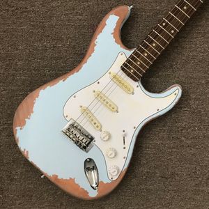 Chitarra elettrica Relic ST, tastiera in palissandro, hardware cromato, 3 pickup, ponte tremolo, colore azzurro, chitarra in mogano massiccio