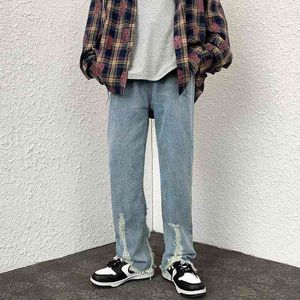 2022 High Street Hole Ripped Retro Washed Men Baggy Jeans Trousers Hip Hop Straight Male Casual Denim Pants Pantnes Hombre T220803