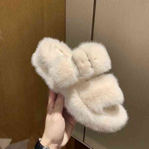 Winter Women Fur Slippers Platform Wedge Heel Indoor Non Slip Rubber Sole Slides Buckle Decoration Fashion Girl Shoes Ladies G220730