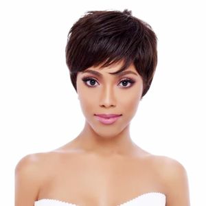 Short Remy Brazilian hair 2# Color Bob Pixie Cut Wavy Non Lace Front Human Hair Wig With Bangs For Black Women