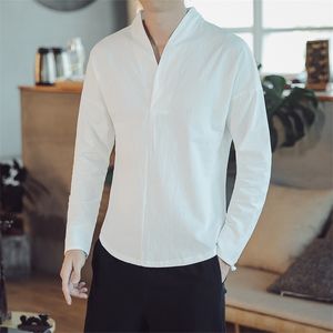 MrGoldenBowl Store Autumn Men Oversize Long Sleeve Solid Shirts Mens Chinese Style Cotton Linen Clothes Male 2020 V neck Shirt LJ200925