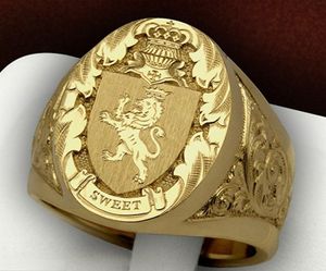 Pierścienie ślubne Vintage rzeźbiony koronny Lion tarcza ręcznie robione złotą biżuterię Modną modę drukowane luksusowe biżuteria