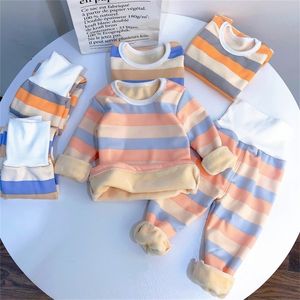 Jchao Kids Brand Clothes Set Warm Fleece Pajamas Baby Boys Girls Thicken Stripes Children Sleepwear Velvet Thermal Underwear LJ201216