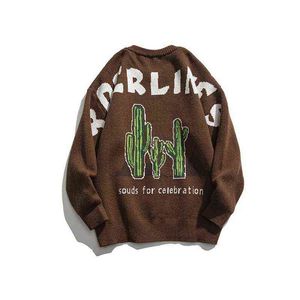 2021 Korean Fashion Cactus Jacquard Brown Vintage Men Knitted Sweater Round Neck Casual Kpop Women Pullover Lounge Wear Sueter T220730