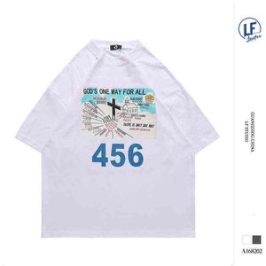 T skjortor kläder LAWFOO 2022 Vår / sommar Nya trendiga mäns hiphop grafiska tryck Kort ärm Loose Off Shoulder T-shirt