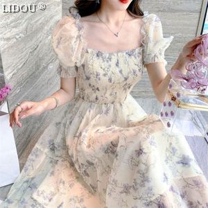 Summer French Vintage Floral Chiffon Dress Square Collar Puff Sleeves A-line Korean Elegant Fashion for Women 220425