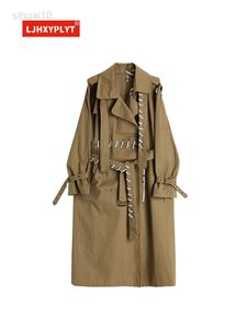 Splicing Khaki Long Over-the-Knee Trench Coat Women's Spring And Autumn New Loose Drawstring Design Long Sleeve Jacket Female L220725