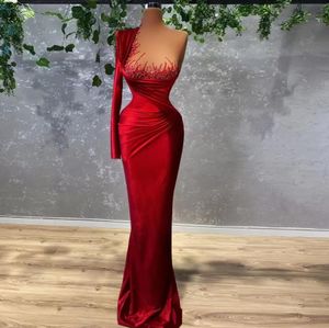 UPS Elegant Red Velvet Mermaid Prom Dresses 2022 One Shoulder Long Sleeve Women Long Sexy Evening Pageant Gowns Plus Size Custom Made