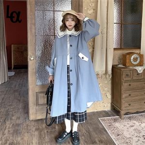 Luck A Winter Hooded Long Section Jacket Bottone in corno Imbottito in cotone Caldo sciolto in lana Cute Girl Lolita Coat 201215