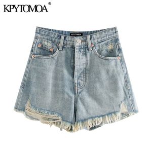 KPYTOMOA Women Chic Fashion Ripped Frayed Denim Shorts Vintage High midjextäckare FLYW POCKETS KVINNA JEANS MUJER 201029