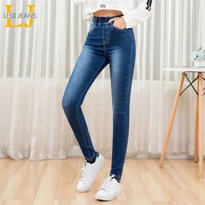 LEIJIJEANS herbst Elastische taille hoch taille waschen vorgestellten fit bein mujer jean damen 5XL plus größe stretchy frauen jeans 210302