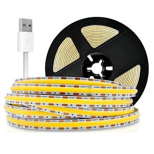 스트립 USB LED COB 스트립 라이트 320LED/M 전원 고밀도 선형 선형 LINGHTING 유연 테이프 화이트 블루 그린 레드 5m/로드