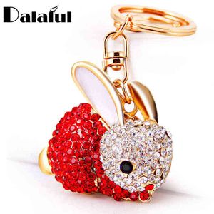 Dalaful Lovely Rabbit Full Crystal Keychains Keyrings Key Chains Purse Bag Pendant For Car Women llaveros Lindo Chaveiro K251 AA220318